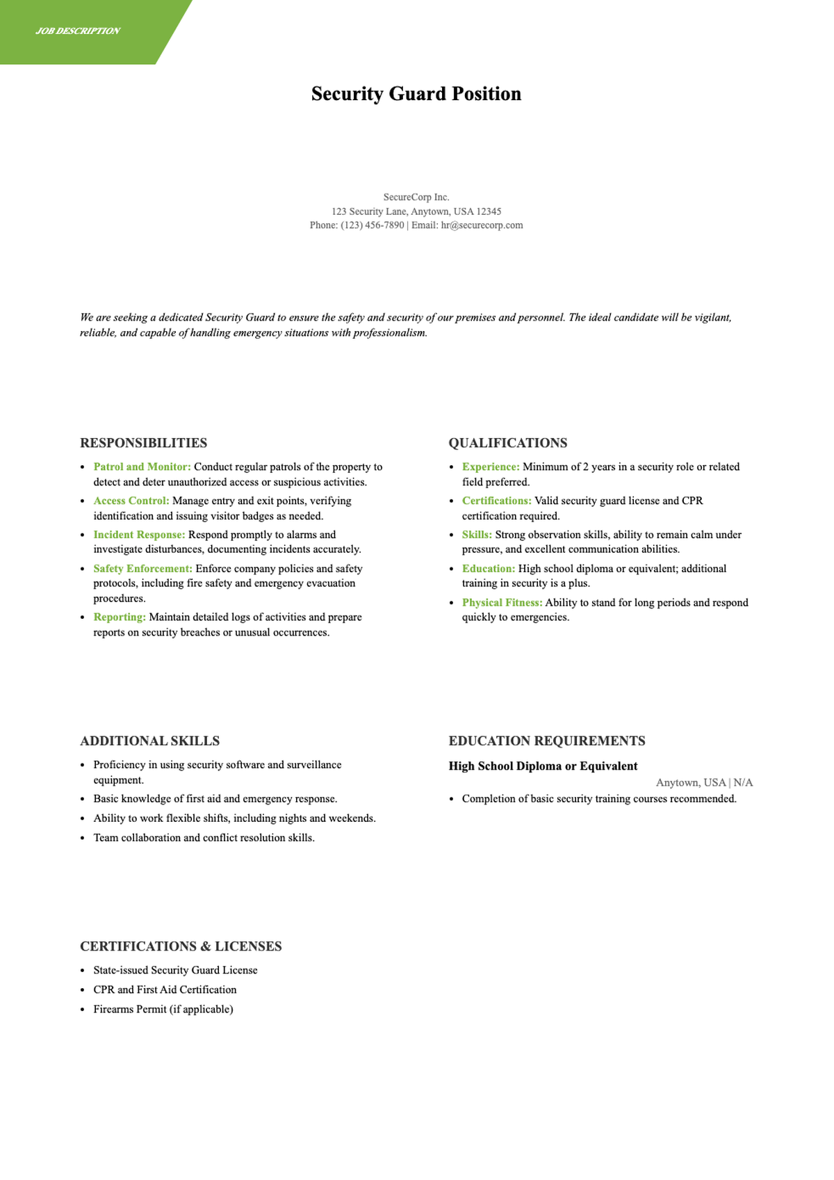 Security guard resume sample with professional experience education and certifications_variant_1